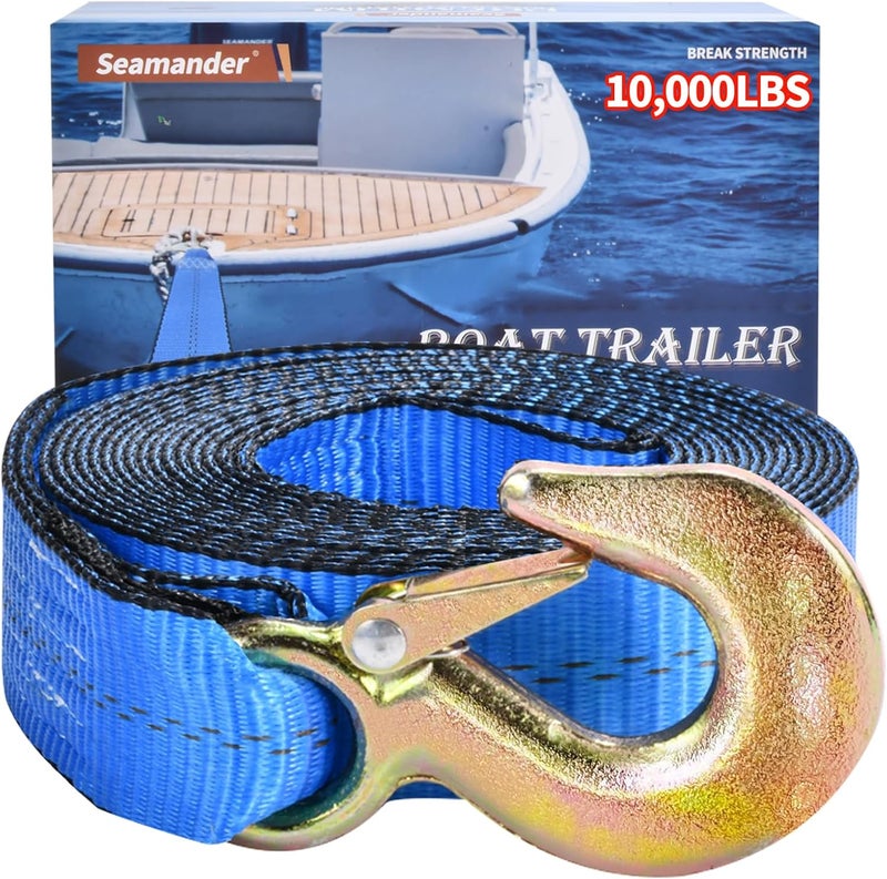 Seamander Trailer Winch Strap 2" x 20' with Safety Hook 10000-pound Break Strength Used for Towing Vehicles, Boats and Jet Skis | Lifetime Replacement - Image 1